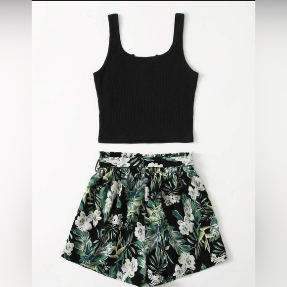 Teen Girls Rib Knit Tank Top & Tropical Print Shorts Set - Picture 2 of 7